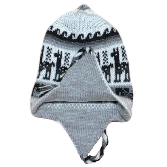 Bolivian Earflap Chullo Kint Hat Black Llama Designed Reversible Gray and White - Picture 9 of 9